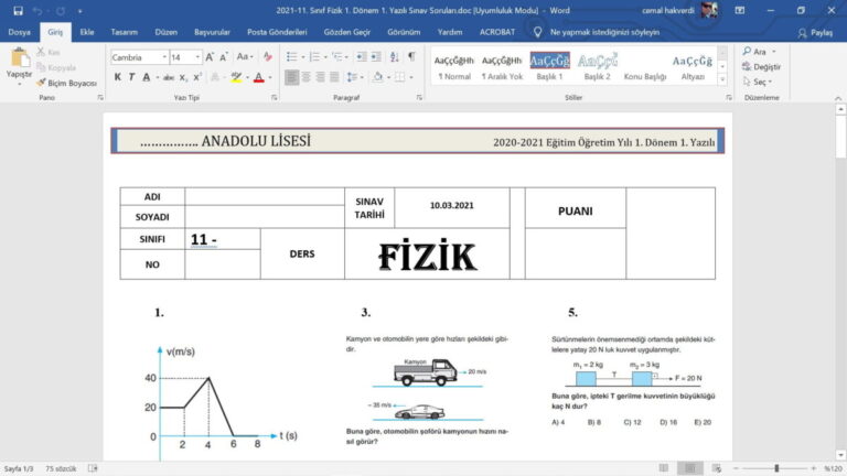 11. Sınıf Fizik 1. Dönem 1. Yazılı Sınav Soruları – word – 2 Adet