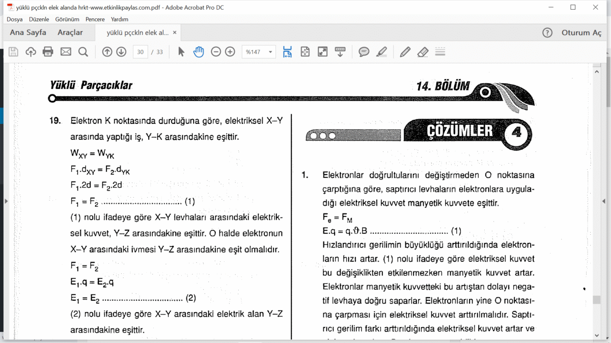 11. Sınıf Fizik Yüklü Parçacıkların Elektrik Alanda Hareketi Çözümlü Sorular PDF