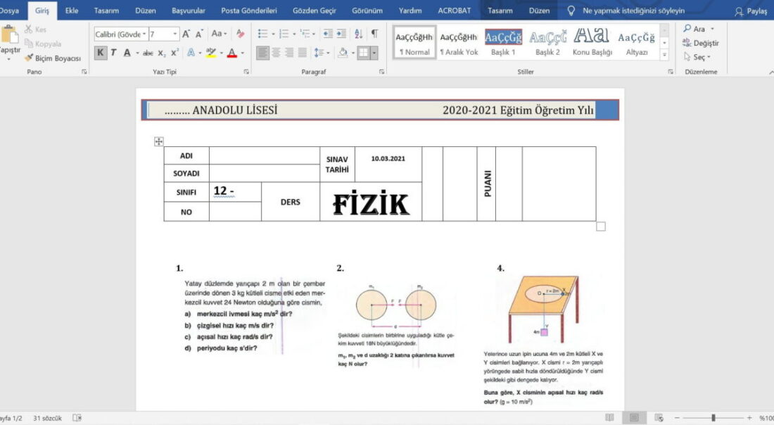 12. Sınıf Fizik 1. Dönem 1. Yazılı Sınav Soruları – word – 2 Adet – 2026