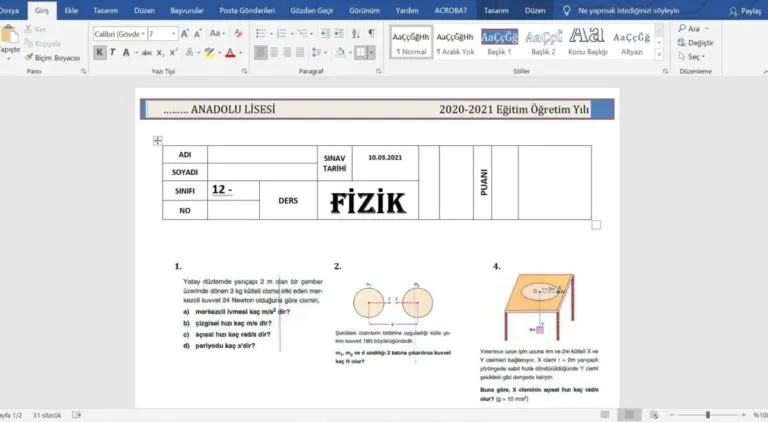 12. Sınıf Fizik 1. Dönem 1. Yazılı Sınav Soruları – word – 2 Adet – 2026