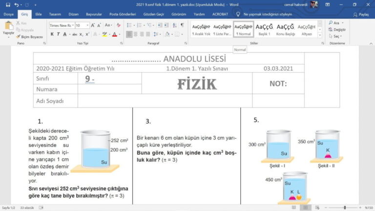 9. Sınıf Fizik 1. Dönem 1. Yazılı Sınavı Soruları – word