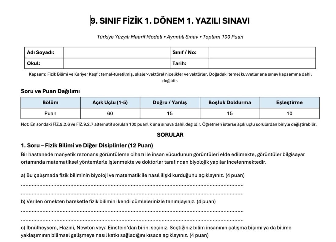 9. Sınıf Fizik 1. Dönem 1. Yazılı Sınavı Soruları – word
