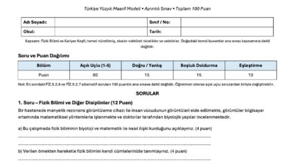 9. Sınıf Fizik 1. Dönem 1. Yazılı Sınavı Soruları – word