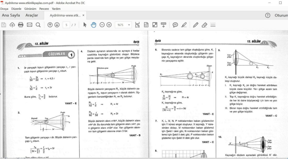 Aydınlanma (Tam ve Yarı Gölge) Çözümlü Sorular – PDF