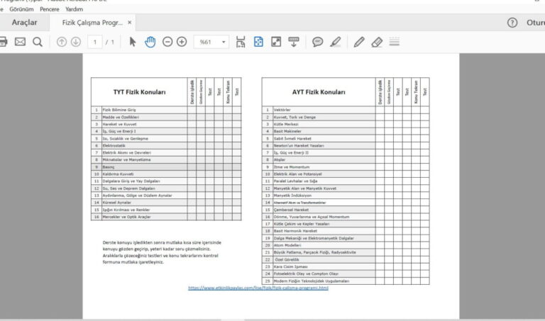 Fizik Çalışma Programı – TYT ve AYT – PDF