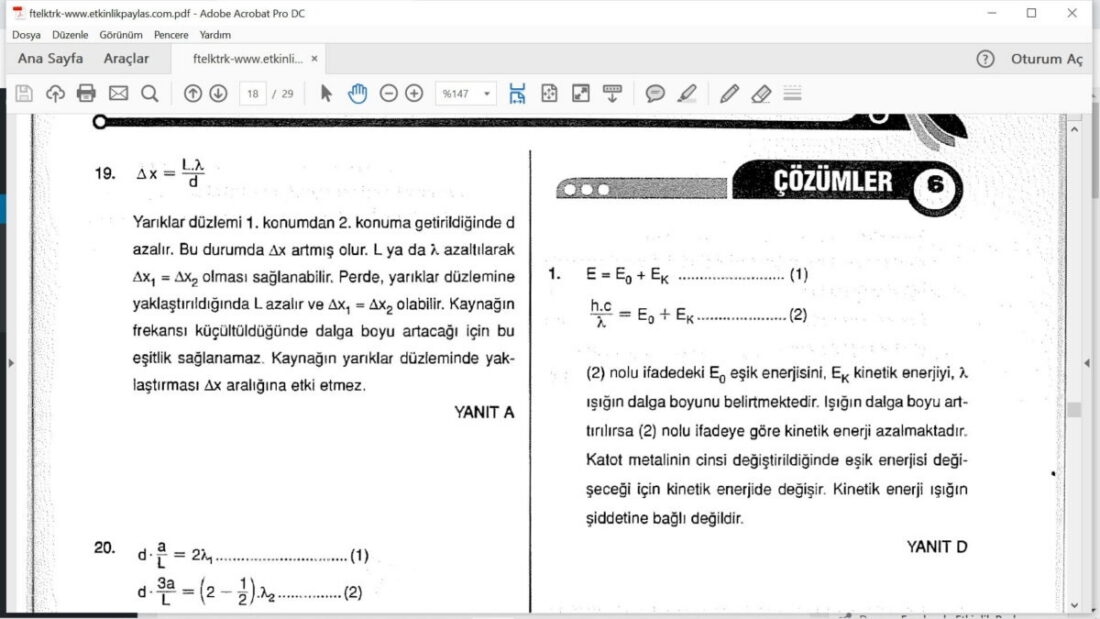Fotoelektrik Etki & Fotoelektrik Olayı Çözümlü Sorular – PDF