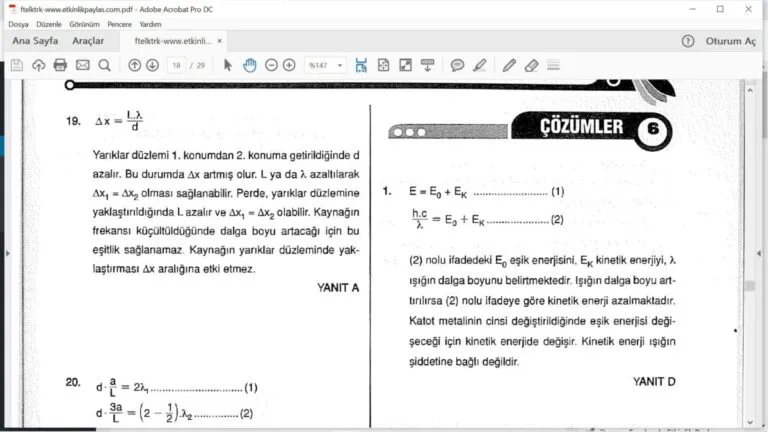 Fotoelektrik Etki &  Fotoelektrik Olayı Çözümlü Sorular – PDF