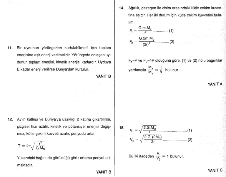 Kepler Yasaları – Kütle Çekim Kuvveti Çözümlü Sorular – PDF
