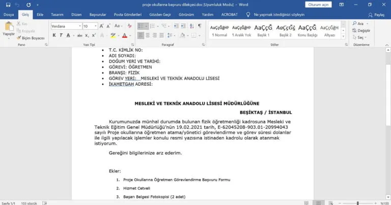 Proje Okullarına Başvuru Dilekçesi – word – 2026