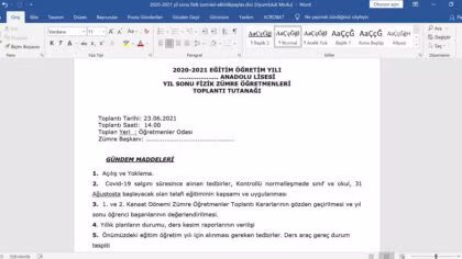 Fizik Sene Sonu Zümresi – Fizik Zümre Toplantı Tutanağı – Word -2026