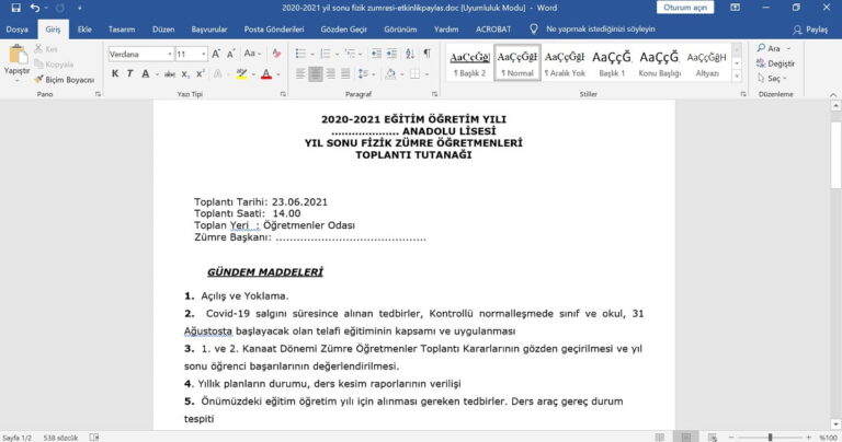 Fizik Sene Sonu Zümresi – Fizik Zümre Toplantı Tutanağı – Word -2026