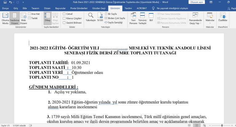 Fizik Sene Başı Zümre Öğretmenler Toplantı Tutanağı – Eylül – 2026