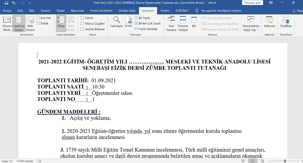Fizik Sene Başı Zümre Öğretmenler Toplantı Tutanağı - Eylül 2021-2022