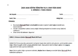 9. Sınıf Fizik 2. Dönem 2. Yazılı Soruları (2026) – Cevap Anahtarlı PDF İndir