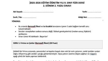 9. Sınıf Fizik 2. Dönem 2. Yazılı Soruları (2026) – Cevap Anahtarlı PDF İndir