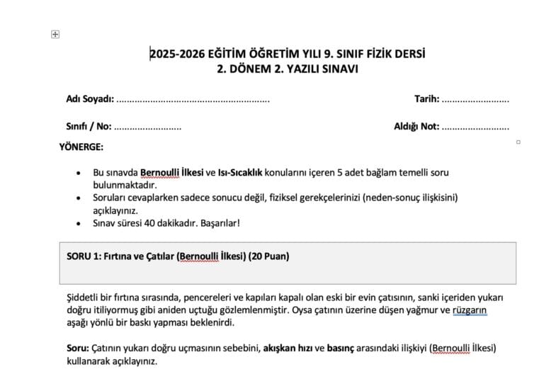 9. Sınıf Fizik 2. Dönem 2. Yazılı Soruları (2026) – Cevap Anahtarlı PDF İndir