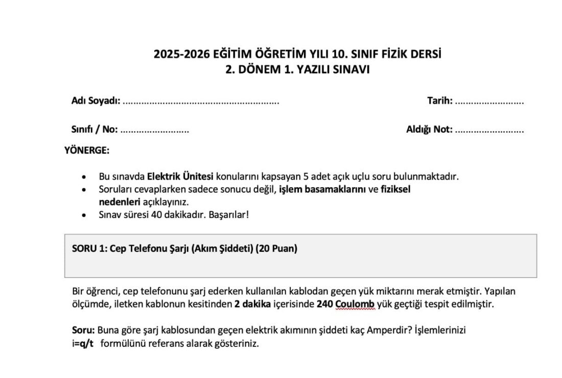 10. Sınıf Fizik 2. Dönem 1. Yazılı Sınav Soruları ve Cevap Anahtarı – 2026