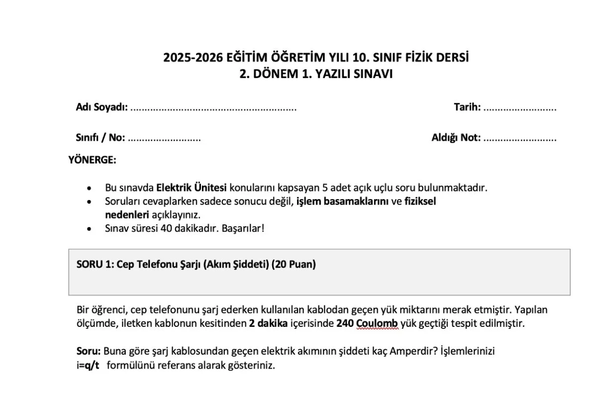 10. Sınıf Fizik 2. Dönem 1. Yazılı Sınav Soruları ve Cevap Anahtarı - 2026