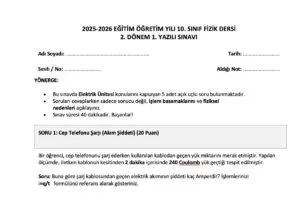 10. Sınıf Fizik 2. Dönem 1. Yazılı Sınav Soruları ve Cevap Anahtarı – 2026
