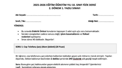 10. Sınıf Fizik 2. Dönem 1. Yazılı Sınav Soruları ve Cevap Anahtarı – 2026