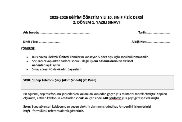 10. Sınıf Fizik 2. Dönem 1. Yazılı Sınav Soruları ve Cevap Anahtarı – 2026