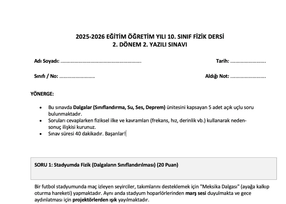 10. Sınıf Fizik 2. Dönem 2. Yazılı Sınav Soruları ve Cevap Anahtarı – 2026