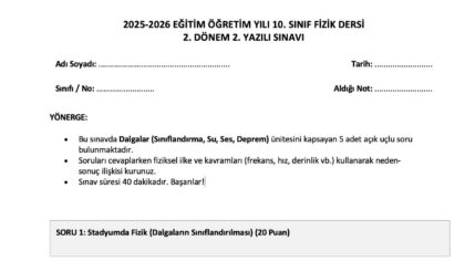 10. Sınıf Fizik 2. Dönem 2. Yazılı Sınav Soruları ve Cevap Anahtarı – 2026