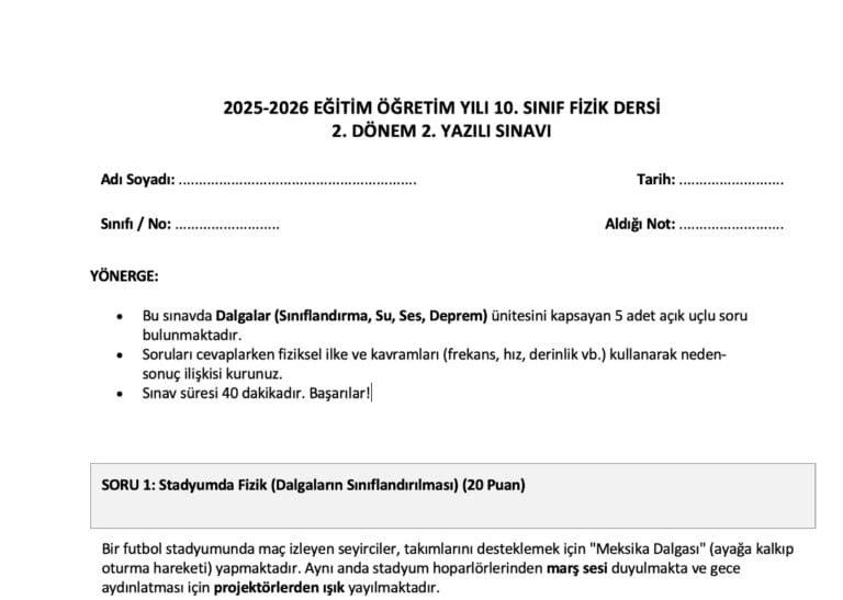 10. Sınıf Fizik 2. Dönem 2. Yazılı Sınav Soruları ve Cevap Anahtarı – 2026