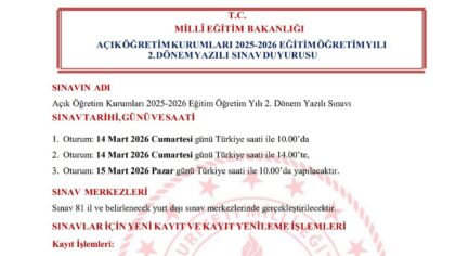 Açık Öğretim Okulları 2025-2026 Eğitim Öğretim Yılı 2.Dönem Yeni Kayıt ve Kayıt Yenileme İşlemleri Duyurusu