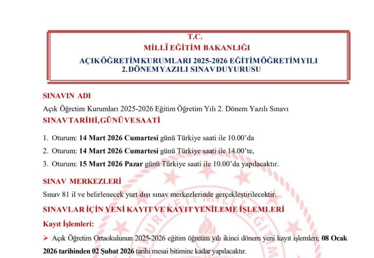 Açık Öğretim Okulları 2025-2026 Eğitim Öğretim Yılı 2.Dönem Yeni Kayıt ve Kayıt Yenileme İşlemleri Duyurusu